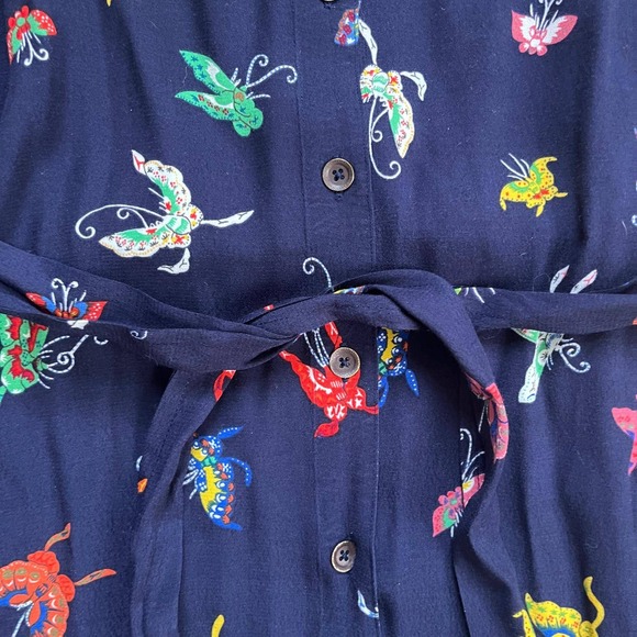 Maeve Anthropologie Navy Butterfly Print Button Tie Waist Midi Shirt Dress Large - Picture 9 of 11